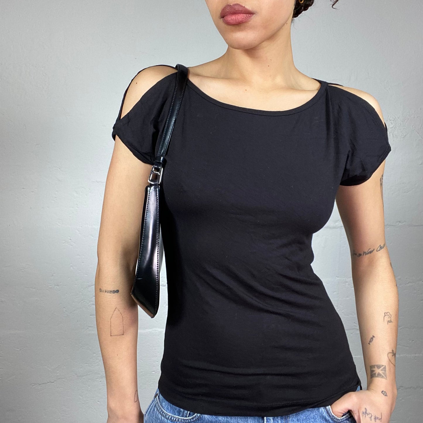 Vintage 2000's Diesel Downtown Girl Black Open Shoulder Top with Green Back Girl Portrait Print (S)