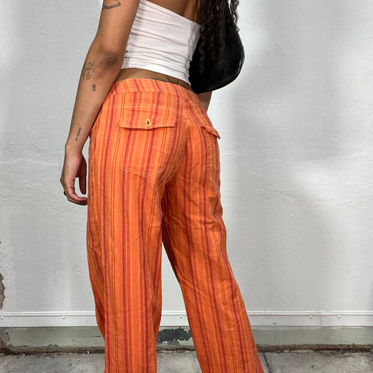 Vintage 2000's Hippie Orange Relaxed Fit Pants with Tonal Stripes Print (S/M)