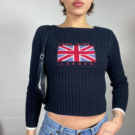 Vintage 2000's Pepe Jeans College Girl Black Knitted Pullover with Brand Print Detail (S/M)