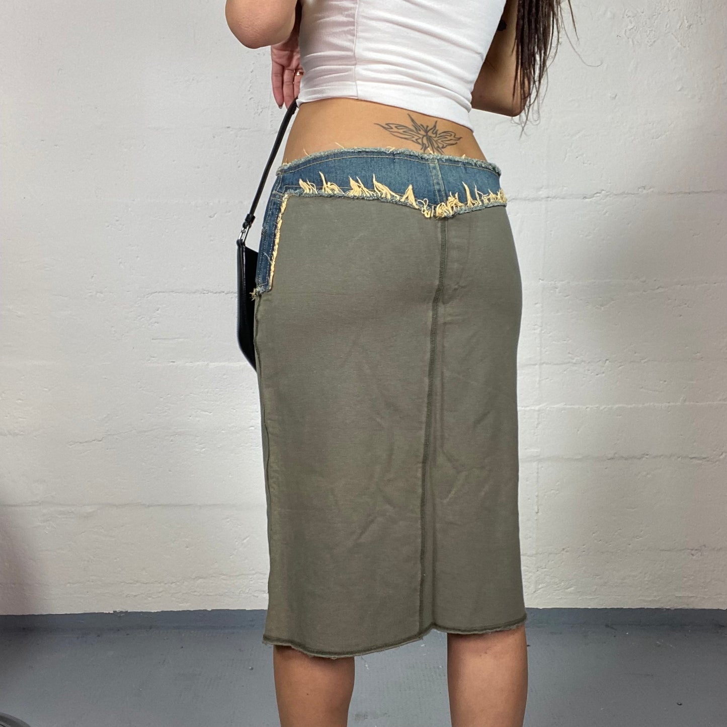 Vintage 2000's Rave Khaki Midi Skirt with Denim Waist-band Detail (S/M)