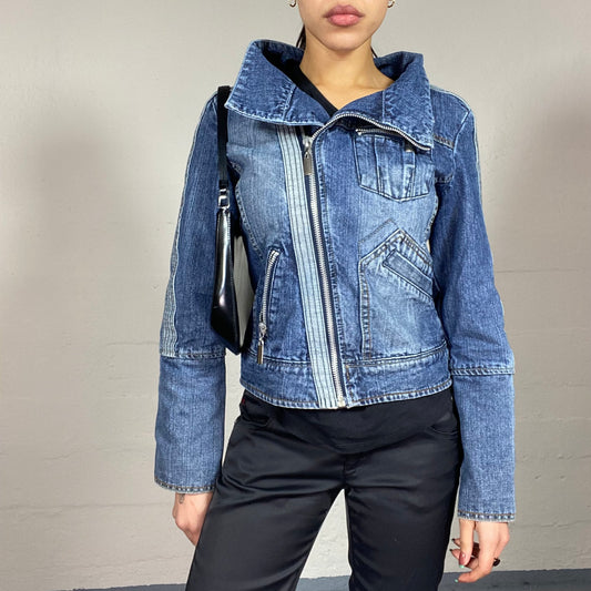 Vintage 2000's Guido Denim Short Zip Up Jacket with Maxi Collar & Big Pockets Detail (S/M)