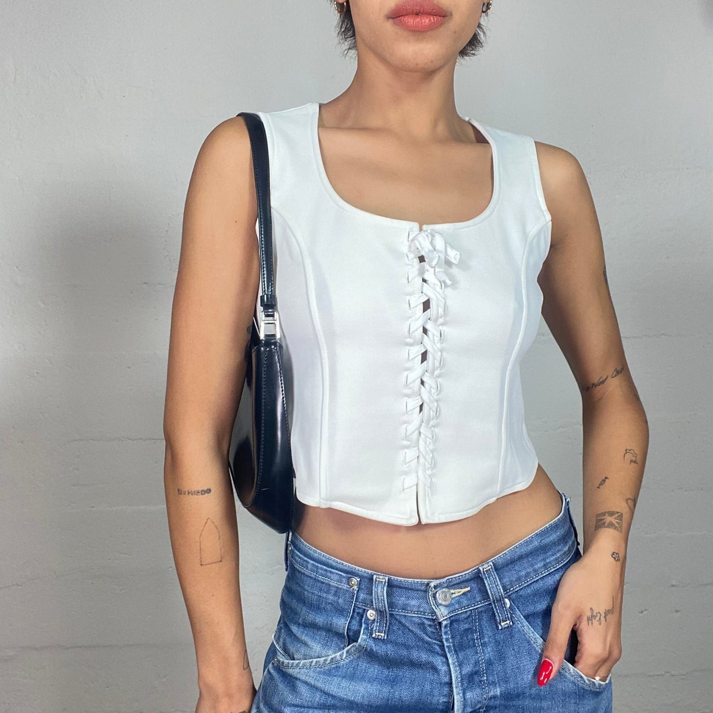 Vintage 2000's Soft Girl White Top with Lace Up Detail (S/M)