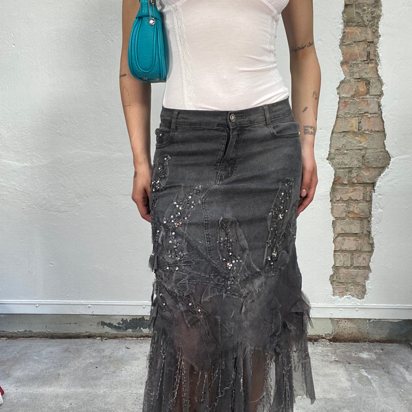 Vintage 2000's Grunge Grey Denim and Mesh Maxi Skirt with Sequin Embroidery (S)