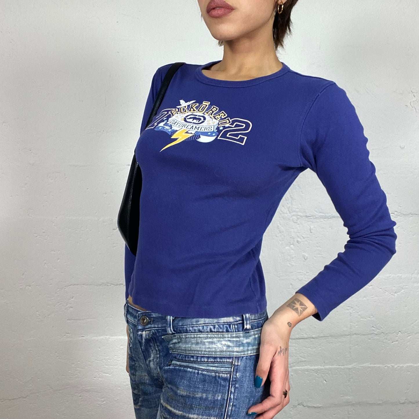 Vintage 2000's College Girl Longsleeve Eckored Top with "Daydreamers" Print (S)