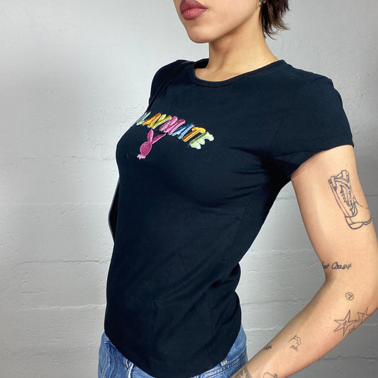 Vintage 2000's Playboy Downtown Girl Black Top with Multicolour Brand Print (M)