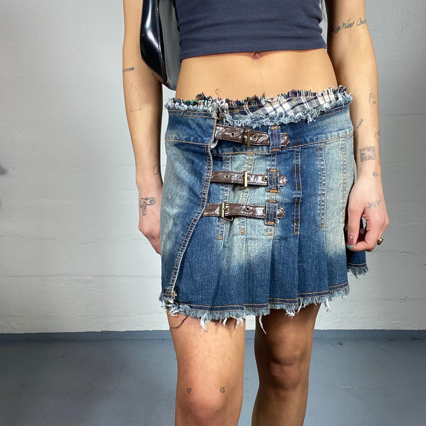 Vintage 90's Grunge Girl Denim Mini Pleaded Skirt with Multi Belts Lace Up and Tartan Material Detail (S)