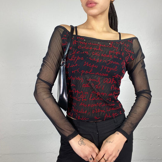 Vintage 90's Vamp Goth Black Off Shoulder Mesh Longsleeve Top with Red Typography Print (S/M)