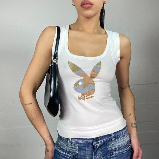 Vintage 2000's Playbpy Downtown Girl White Top with Glitter Camo Print Brand Bunny Detail (S)