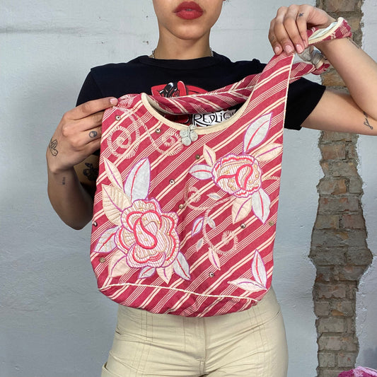 Vintage 2000's Summer Red Striped Hobo Bag with Floral Embroidery (S)