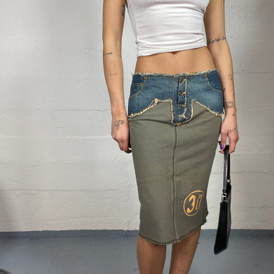 Vintage 2000's Rave Khaki Midi Skirt with Denim Waist-band Detail (S/M)