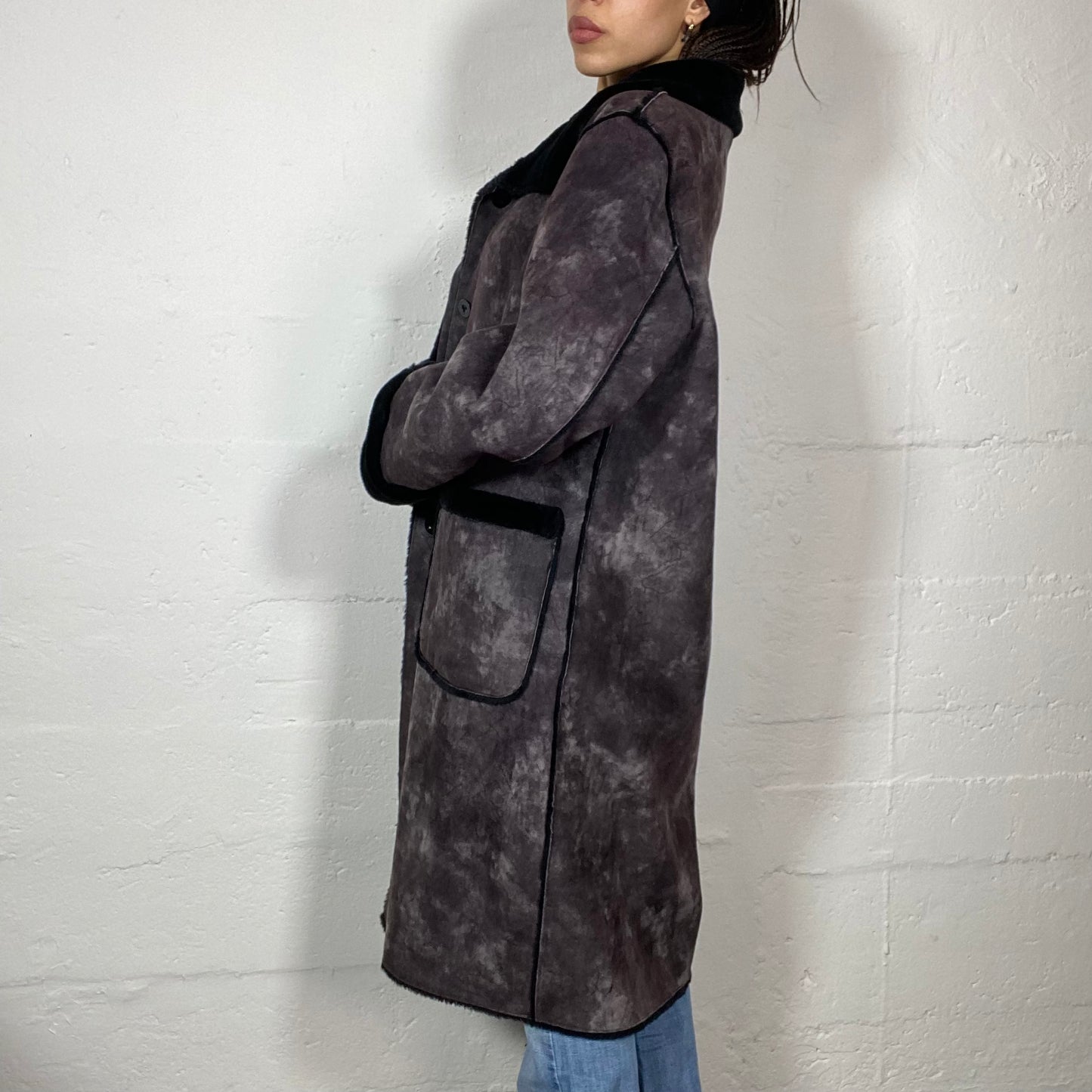 Vintage 2000's Rosalía Black Washed Out Long Coat with Deep Black Faux Fur Trims (S/M)