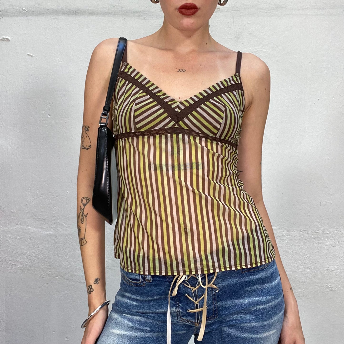 Vintage 2000's Summer Olive Green Semi Sheer Top with Striped Print (S)