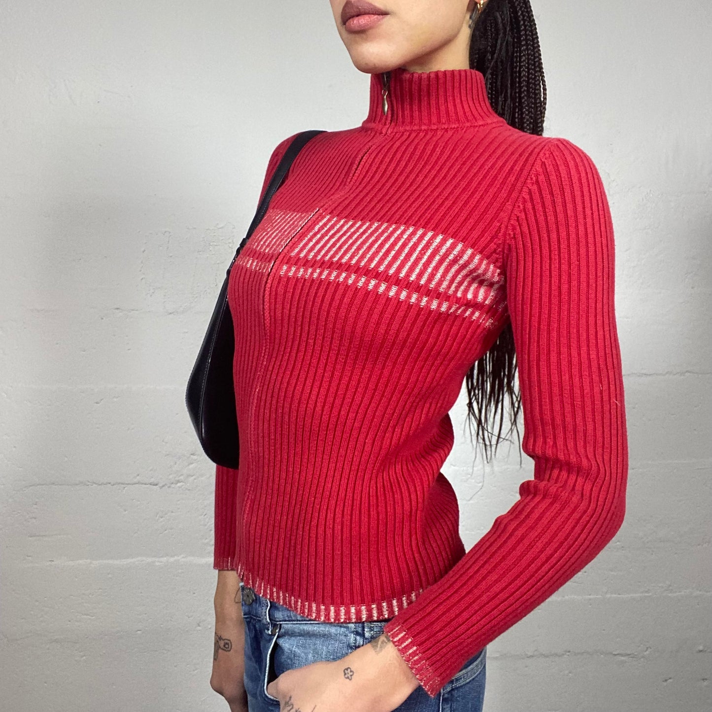 Vintage 2000's Downtown Girl Red Zip-Up Ribbed Knit Hoodie with White Bars Detail (S)