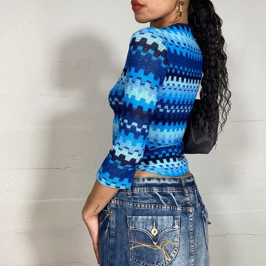 Vintage 2000's Indie Blue 3/4 Sleeve Top with Ethnic Pattern (S)