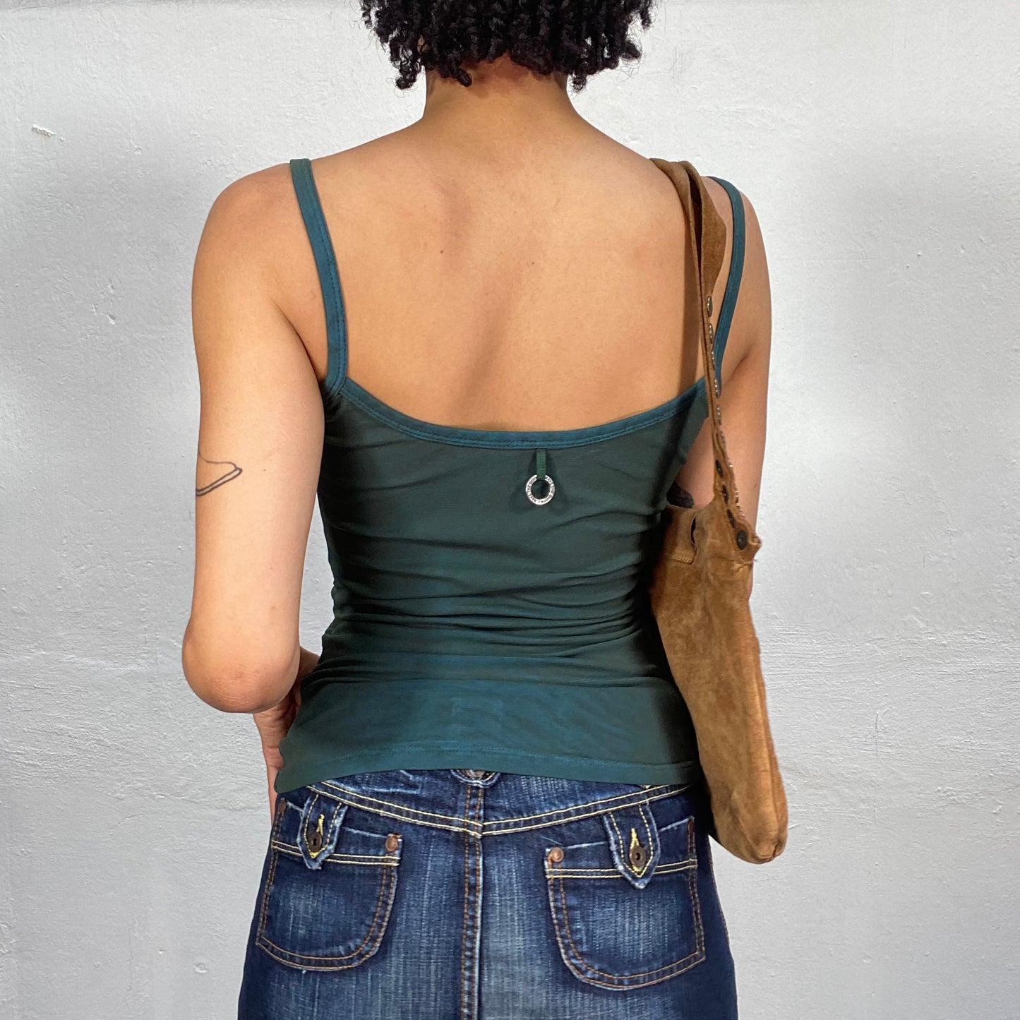 Vintage 2000's Indie Dark Petrtol Blue Top with Bronze Stamp Print (S)