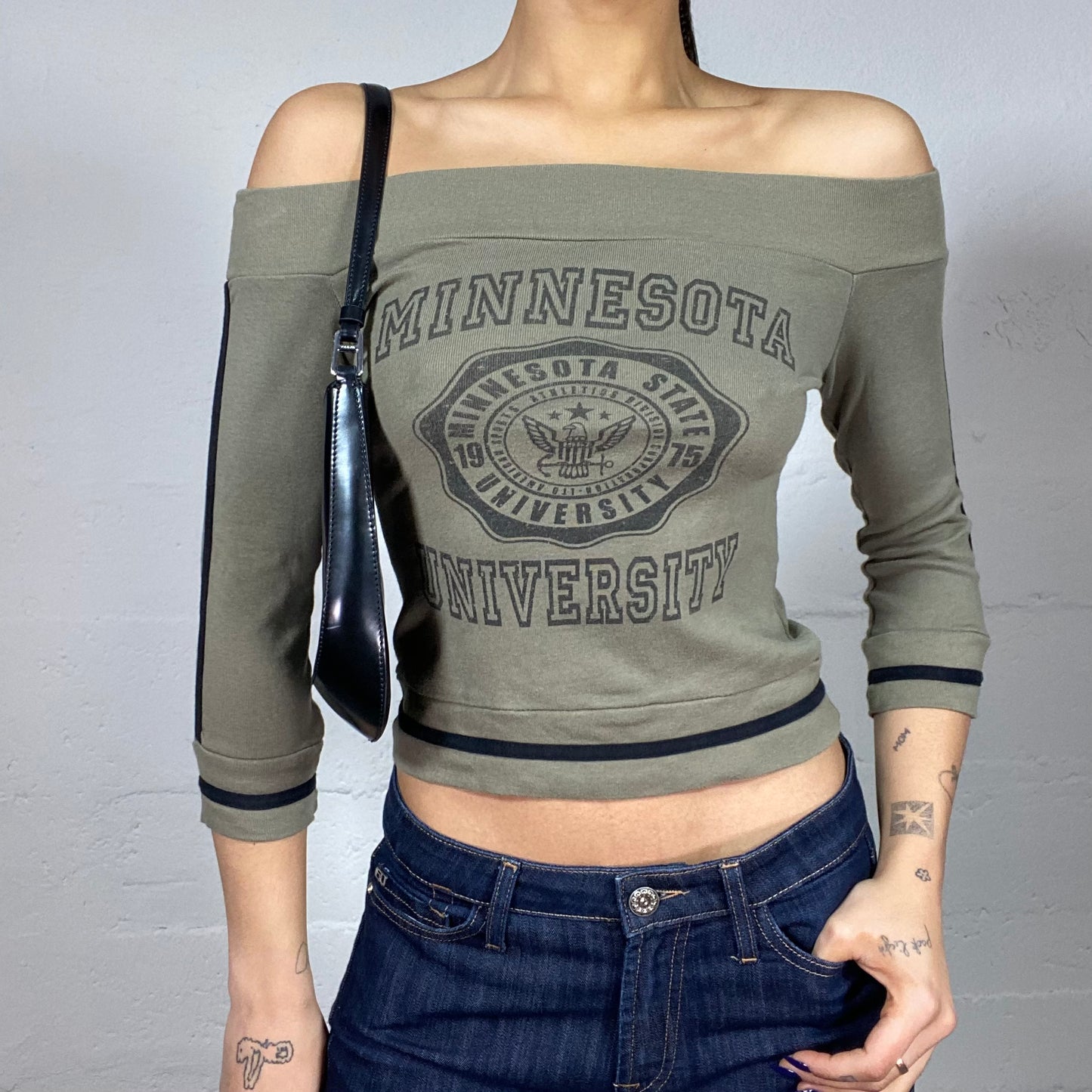 Vintage 2000's College Girl Khaki Off Shoulder Top with "Minnesota University" White Print (S)