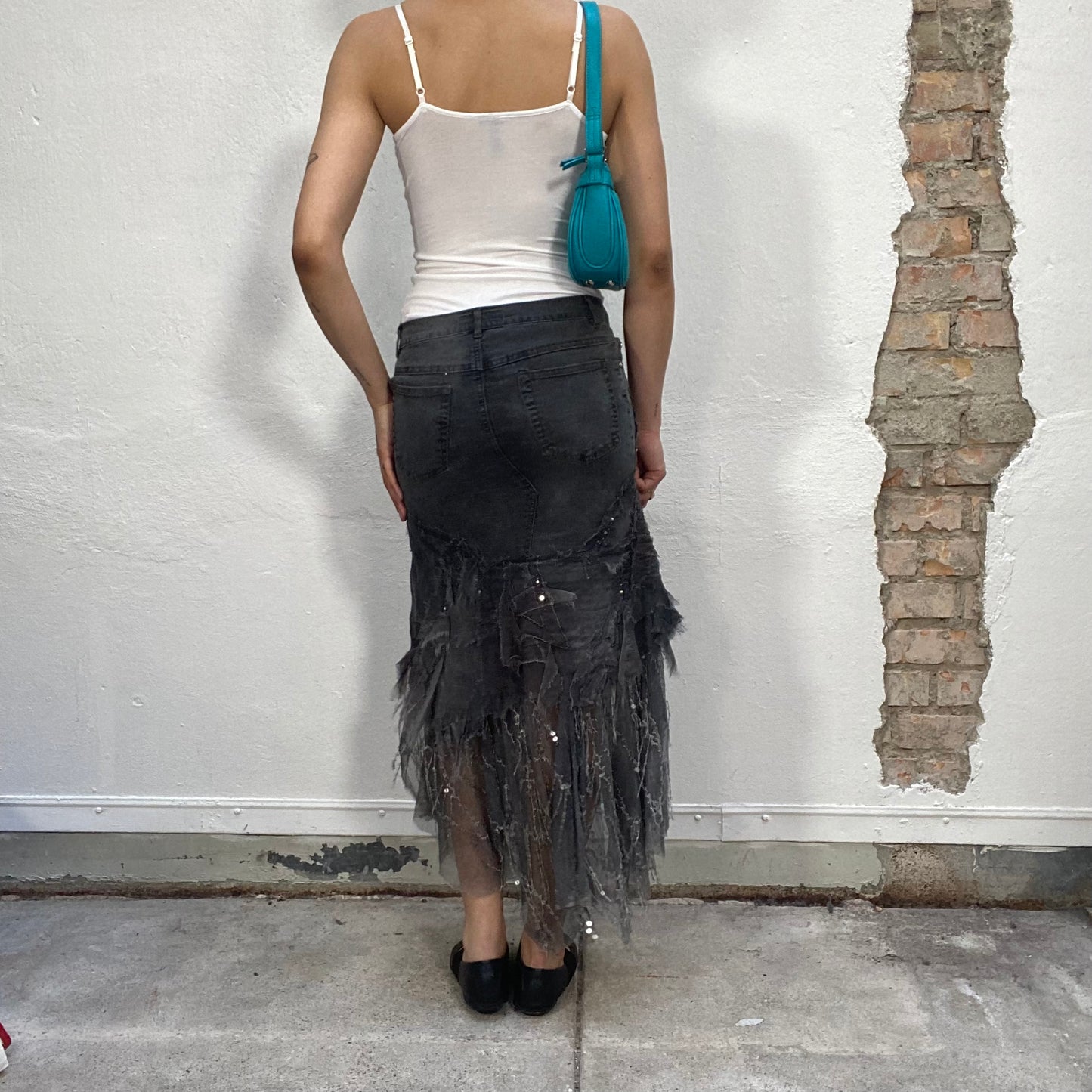 Vintage 2000's Grunge Grey Denim and Mesh Maxi Skirt with Sequin Embroidery (S)