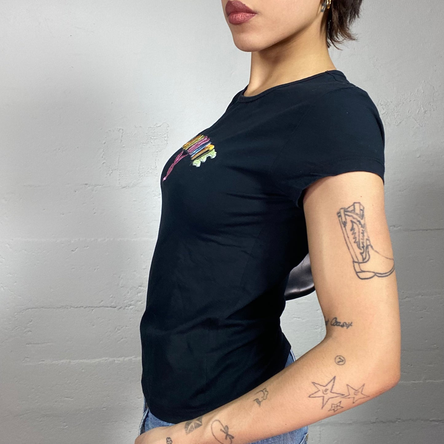 Vintage 2000's Playboy Downtown Girl Black Top with Multicolour Brand Print (M)