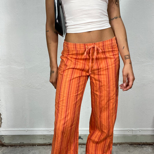 Vintage 2000's Hippie Orange Relaxed Fit Pants with Tonal Stripes Print (S/M)