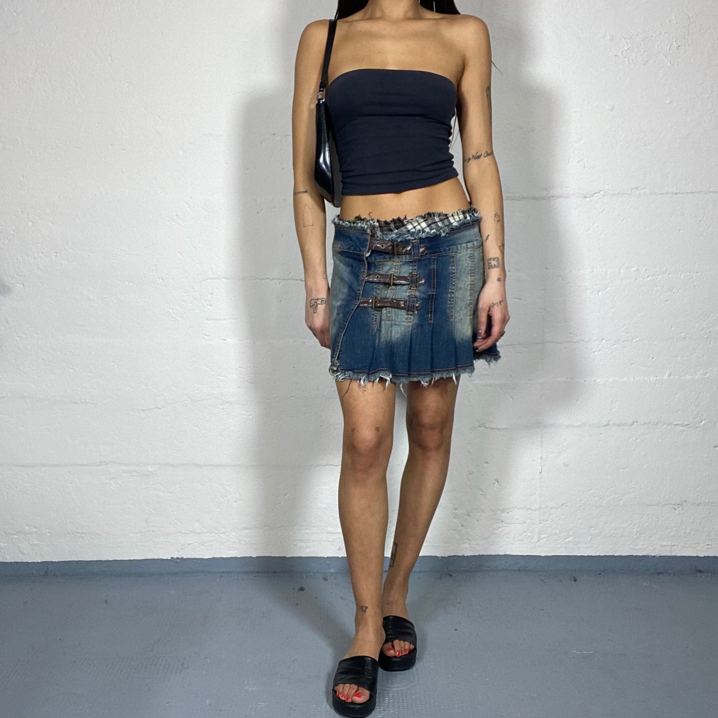 Vintage 90's Grunge Girl Denim Mini Pleaded Skirt with Multi Belts Lace Up and Tartan Material Detail (S)