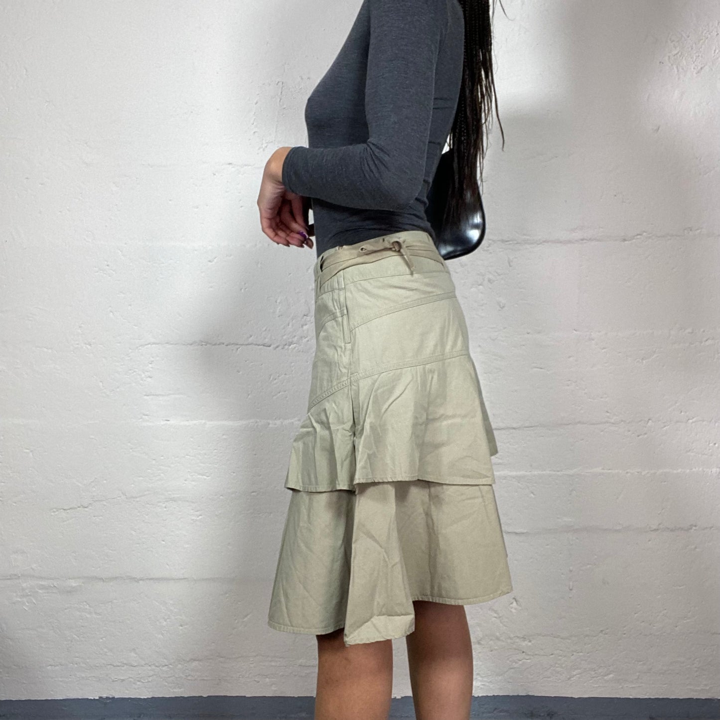 Vintage 90's Office Girl Beige Cargo Midi Skirt with Frilled Layers Detail (S/M)