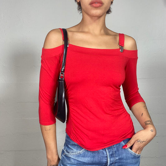 Vintage 2000's Clubwear Red Off Shoulder Top with Belted Straps Detail (S)