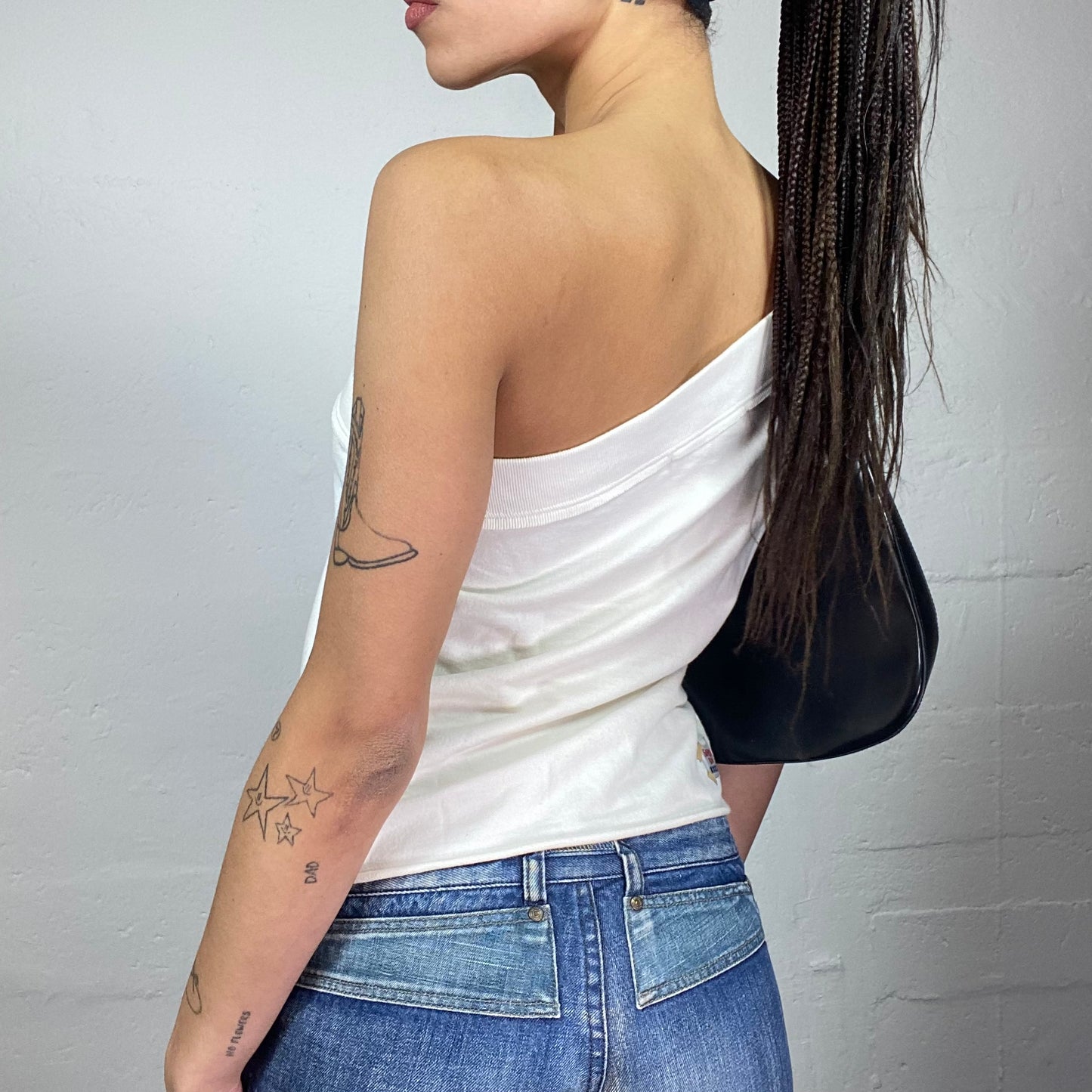 Vintage 2000's Downtown Girl White One Shoulder Top with "School Rag Boxing Team" Print Detail (M)