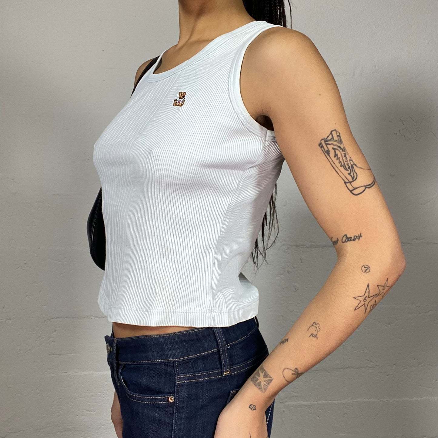 Vintage 2000's College Girl White Top with Teddy Bear Embroidery Detail (S)