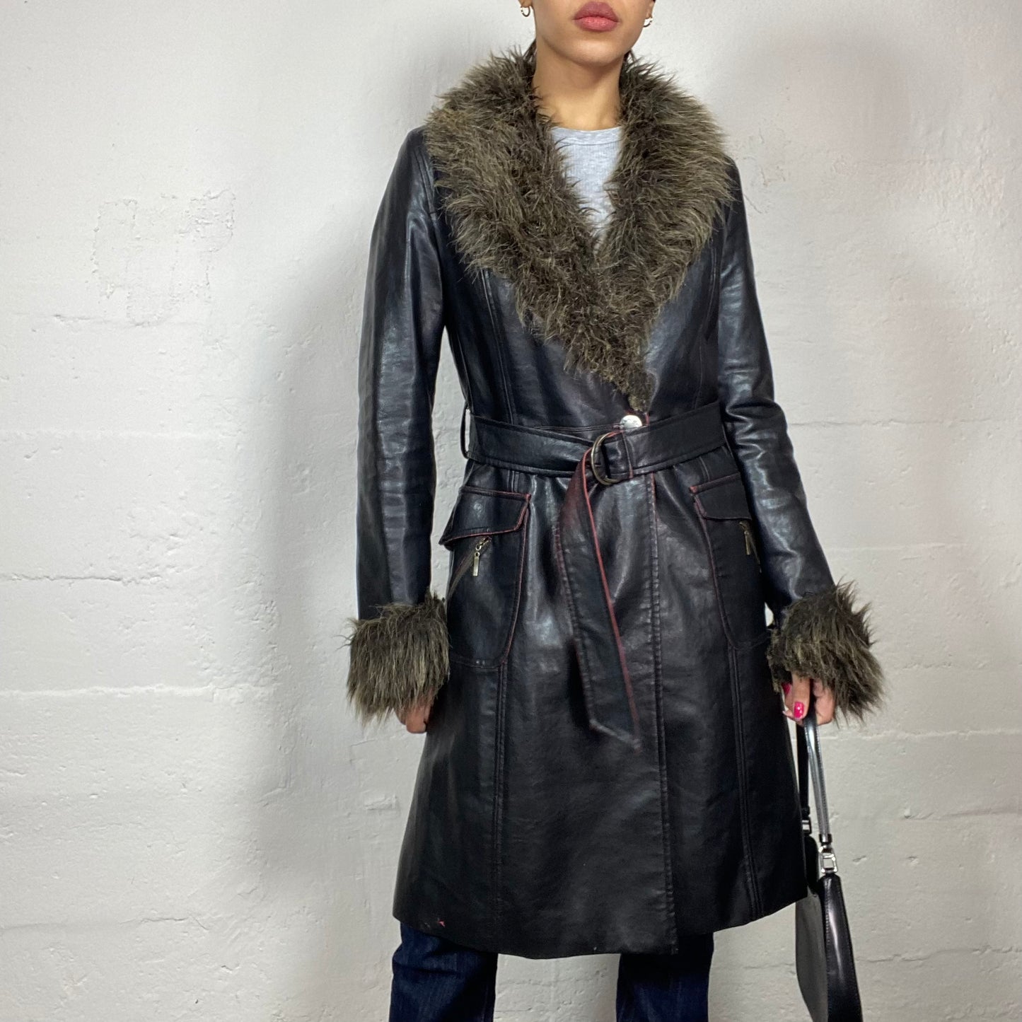 Vintage 2000's Bratz Black and Garnet Finished Faux Leather Long Coat with Khaki Furry Collar Detail (S)