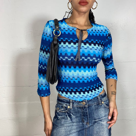Vintage 2000's Indie Blue 3/4 Sleeve Top with Ethnic Pattern (S)