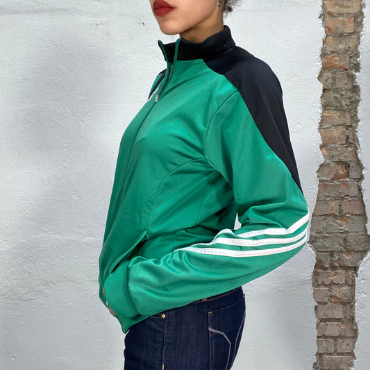 Vintage 2000's Adidas Green Zip Up Sweater with White Stripes (S/M)
