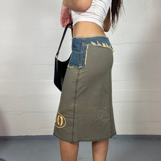 Vintage 2000's Rave Khaki Midi Skirt with Denim Waist-band Detail (S/M)