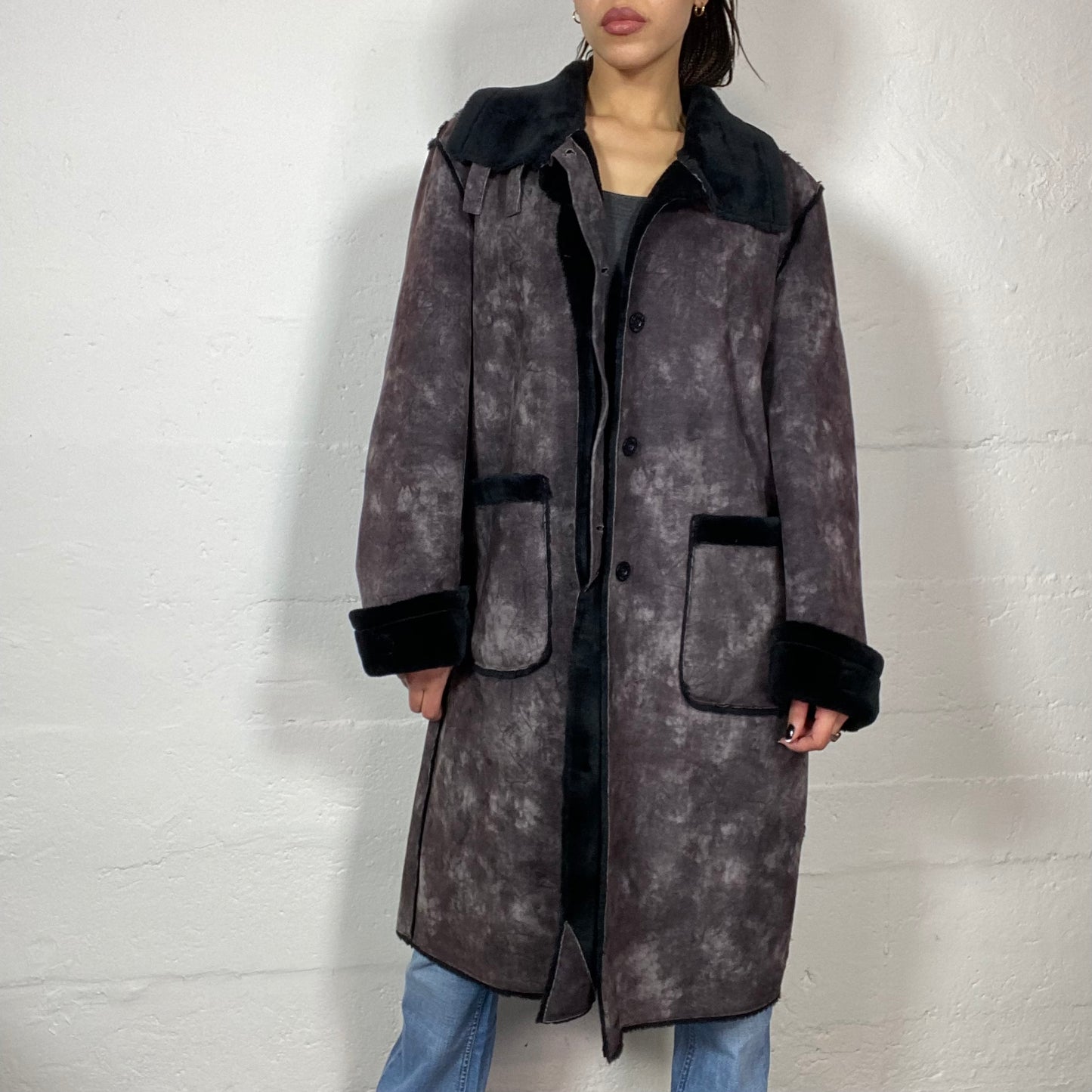 Vintage 2000's Rosalía Black Washed Out Long Coat with Deep Black Faux Fur Trims (S/M)