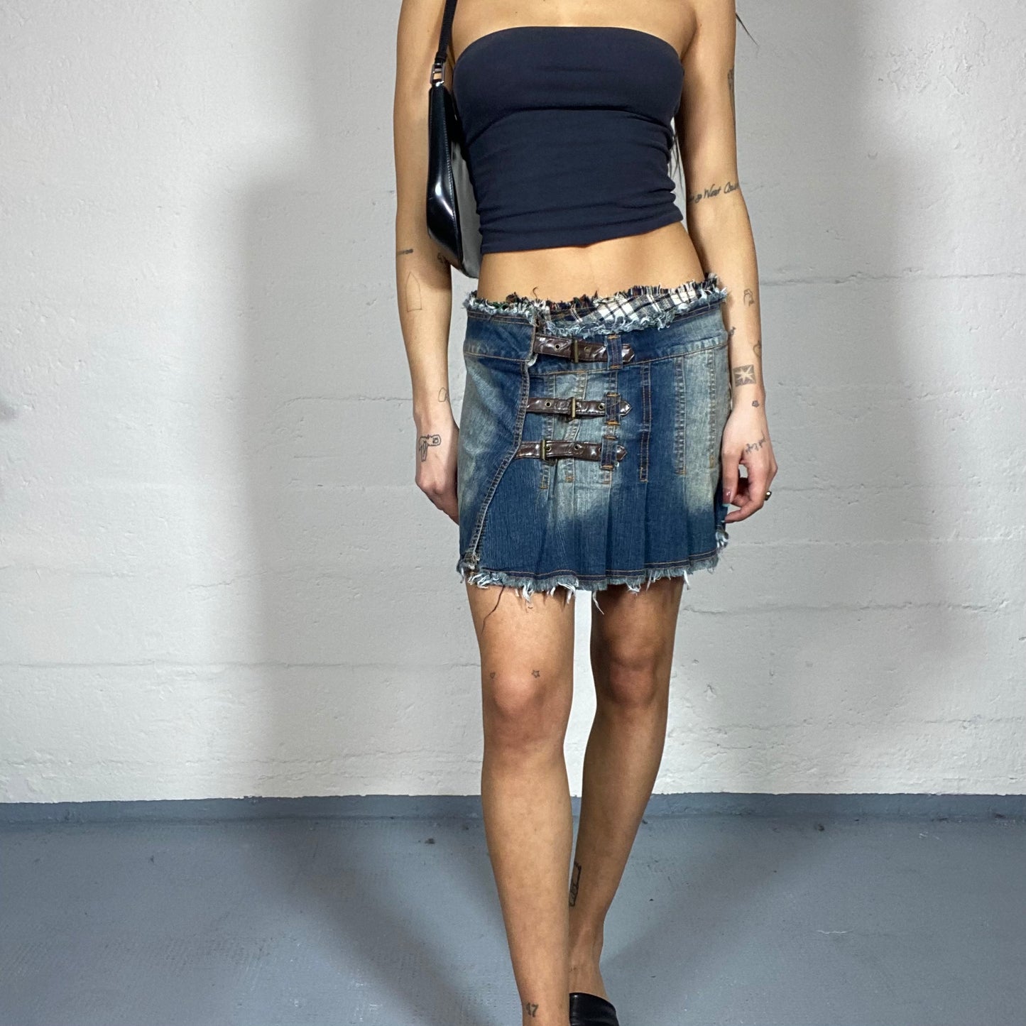 Vintage 90's Grunge Girl Denim Mini Pleaded Skirt with Multi Belts Lace Up and Tartan Material Detail (S)