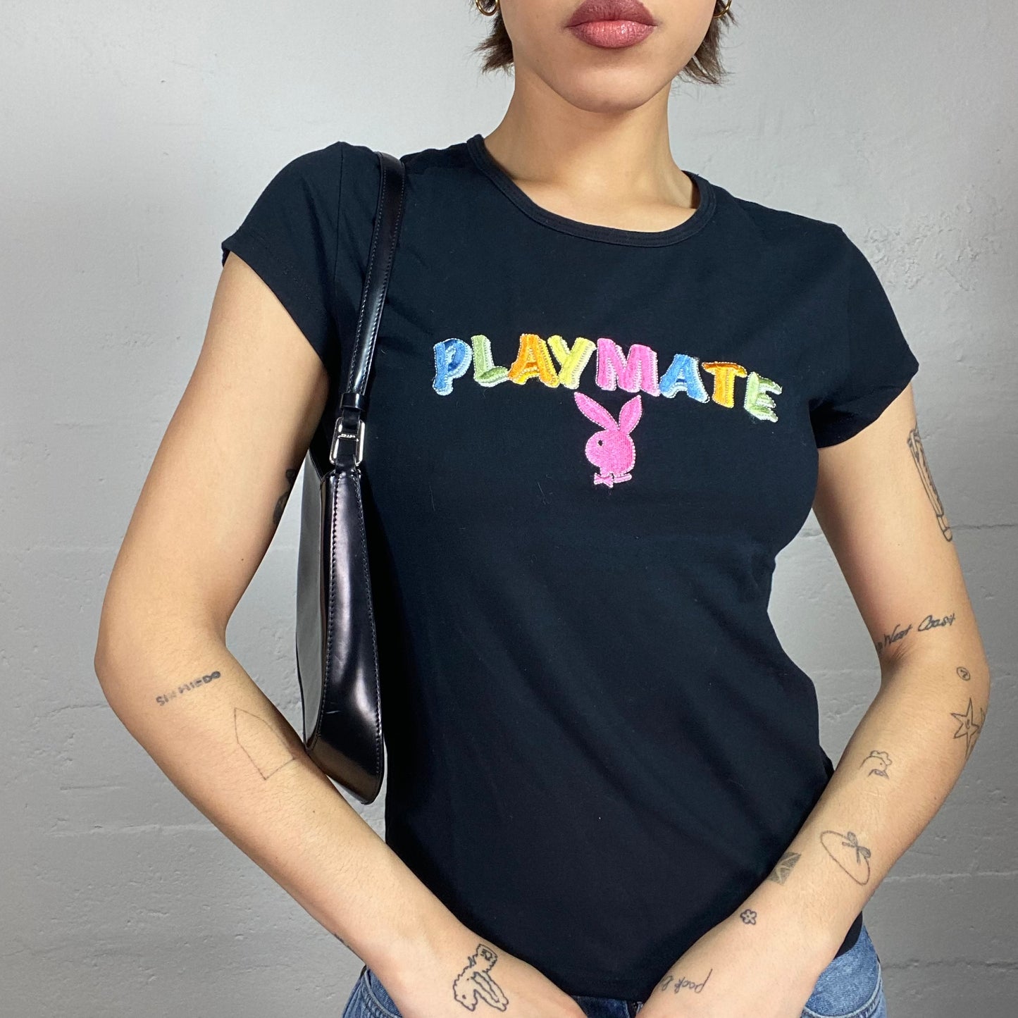 Vintage 2000's Playboy Downtown Girl Black Top with Multicolour Brand Print (M)