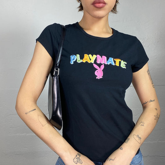 Vintage 2000's Playboy Downtown Girl Black Top with Multicolour Brand Print (M)
