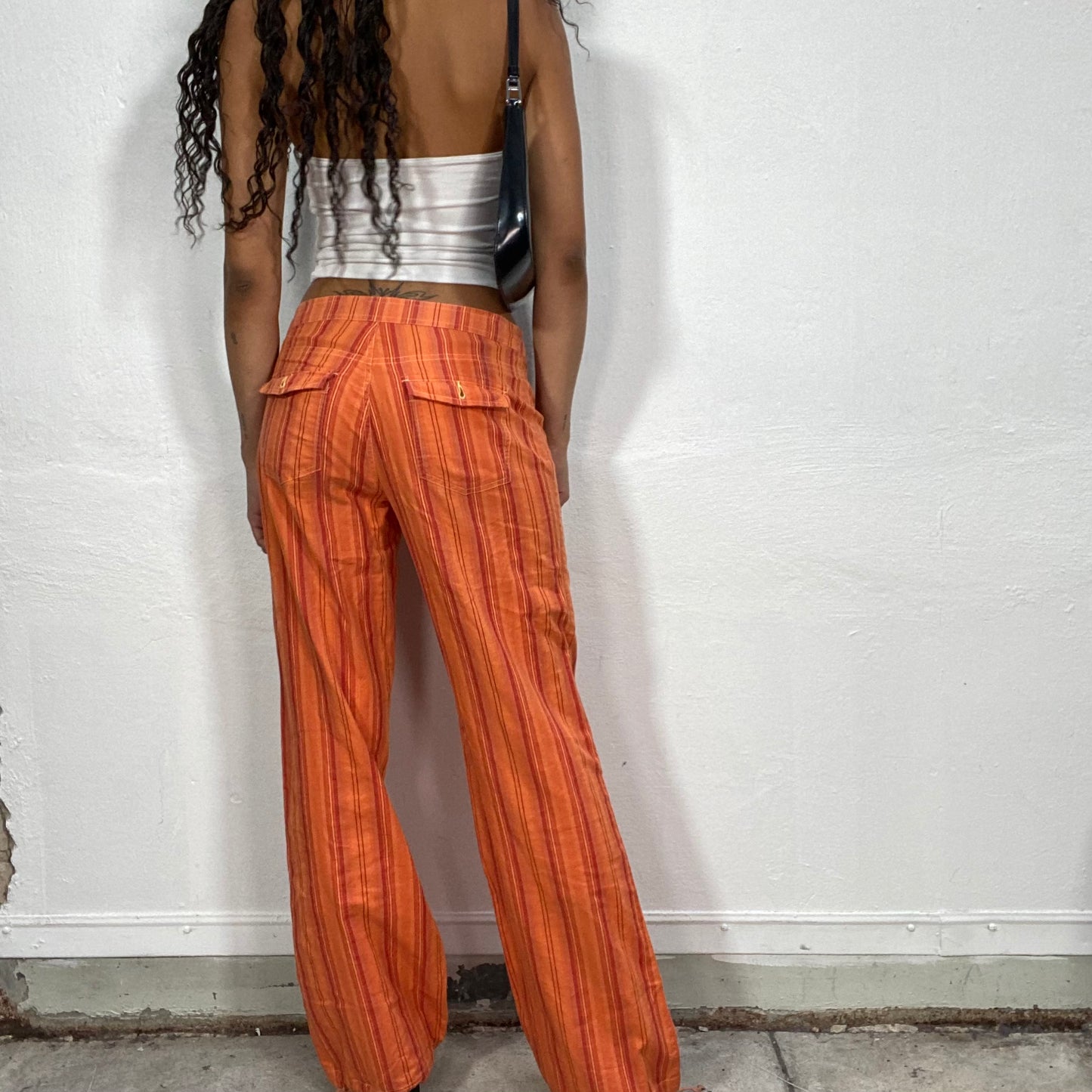 Vintage 2000's Hippie Orange Relaxed Fit Pants with Tonal Stripes Print (S/M)