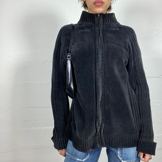 Vintage 2000's Sporty Grey Zip Up Ribbed Knitted Sweater (L)