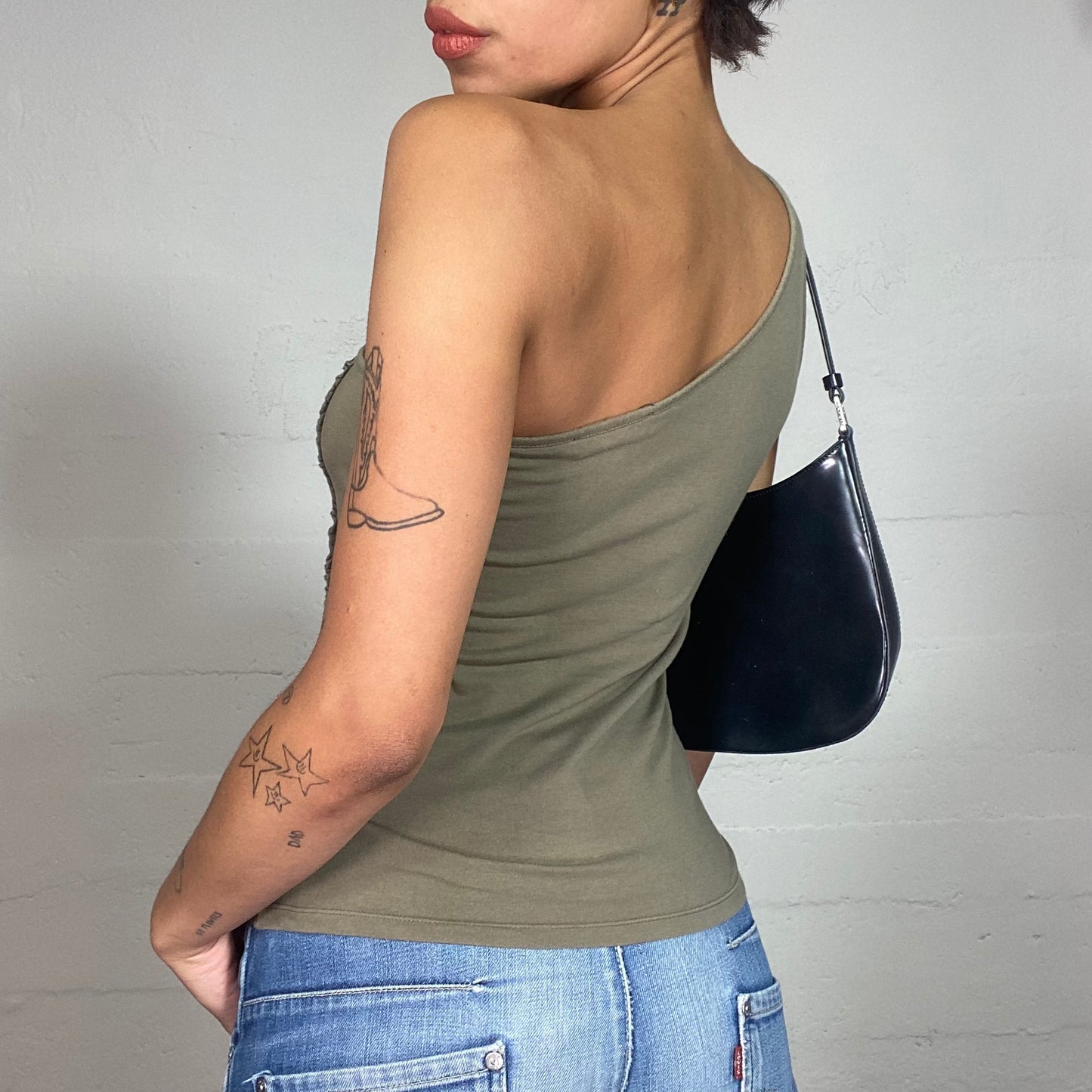 Vintage 90's Grunge Khaki One Shoulder Top with Deconstructed Decorative Lace Trim Detail (S)