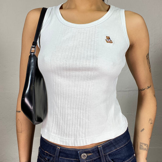 Vintage 2000's College Girl White Top with Teddy Bear Embroidery Detail (S)