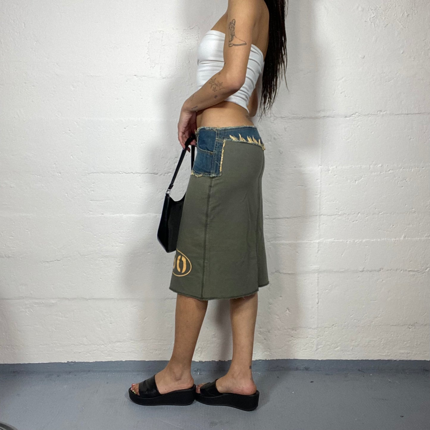 Vintage 2000's Rave Khaki Midi Skirt with Denim Waist-band Detail (S/M)