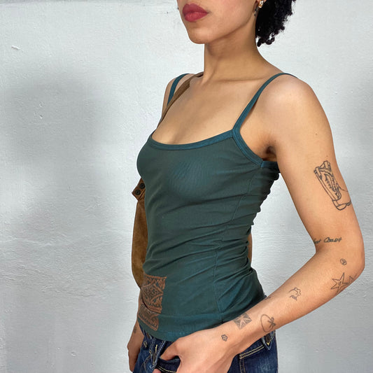 Vintage 2000's Indie Dark Petrtol Blue Top with Bronze Stamp Print (S)