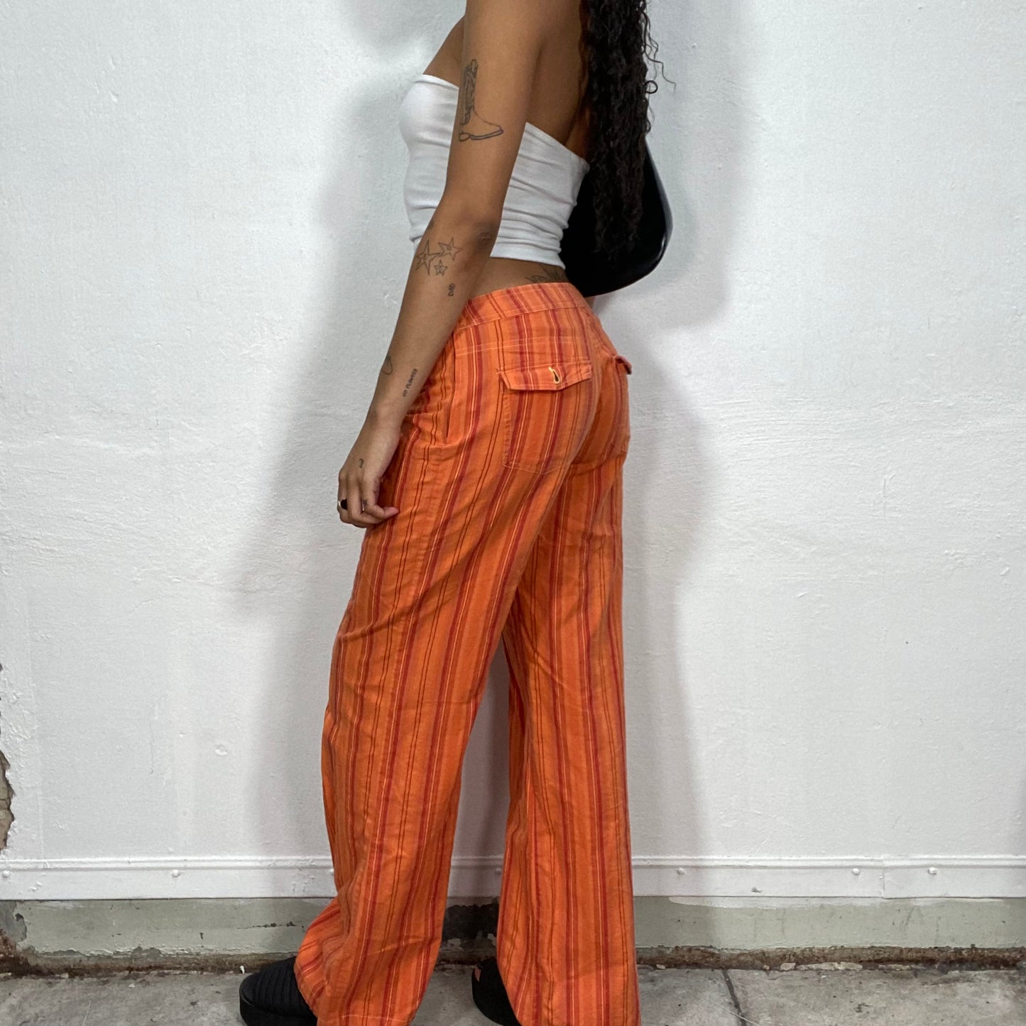 Vintage 2000's Hippie Orange Relaxed Fit Pants with Tonal Stripes Print (S/M)