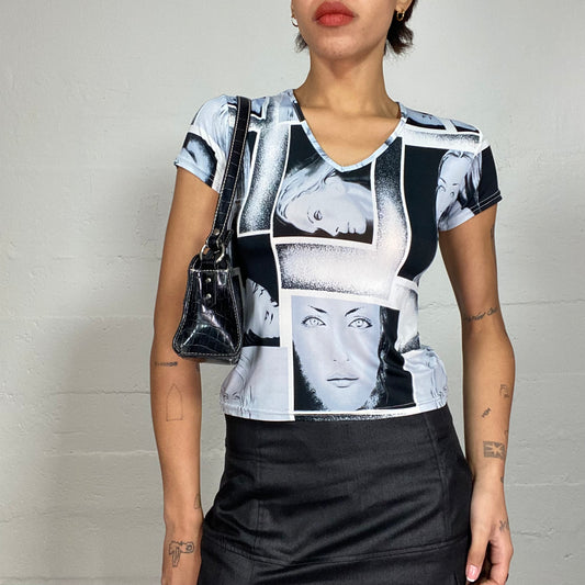 Vintage 2000's Cyber White Top with Blue and Grey Girl Portrait Print (S/M)