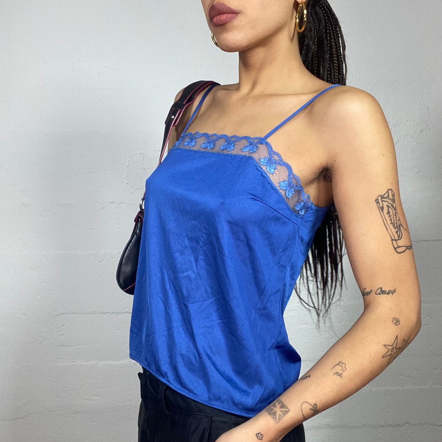 Vintage 2000's Coquette Electric Blue Satin Blouse Top with Mesh Trim Detail (M)