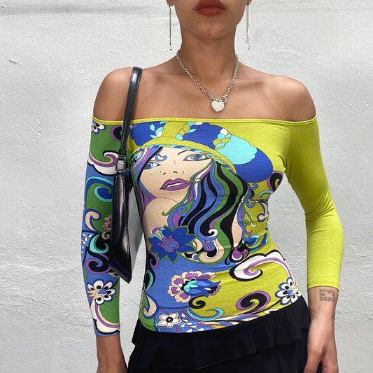 Vintage 2000's Funky Off Shoulder Longsleeve Top with Colorful Floral Face Print(S)