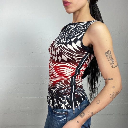 Vintage 2000's Sleaze Black Top with Orange and White Checkered Wavy Print (S)
