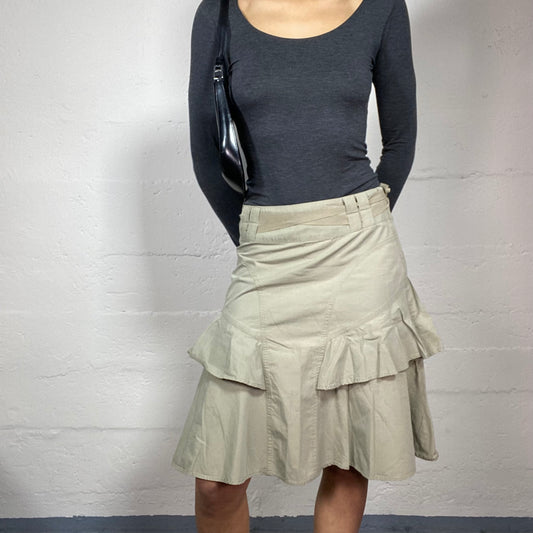 Vintage 90's Office Girl Beige Cargo Midi Skirt with Frilled Layers Detail (S/M)