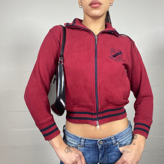 Vintage 2000's College Girl Red Zip-Up Hoodie with Black University Badge Detail (S)