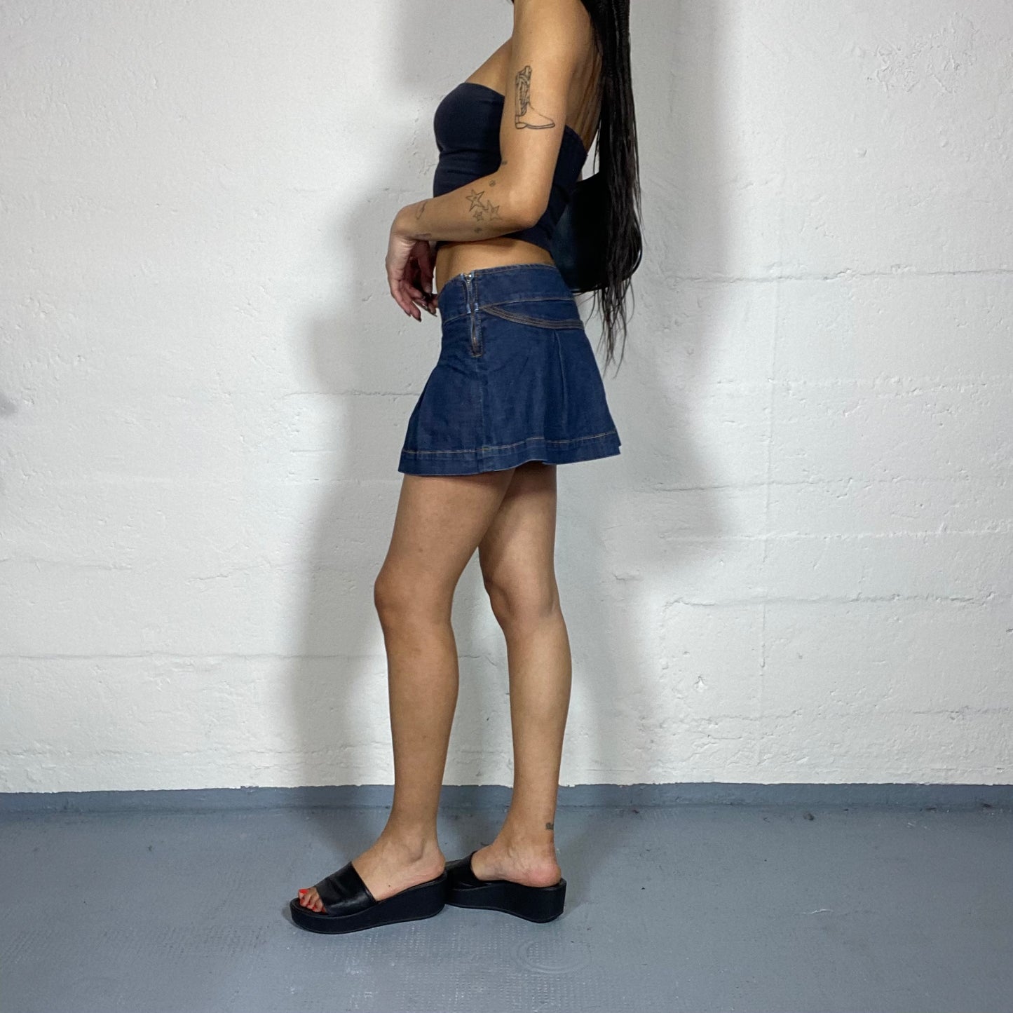 Vintage 90's Grunge Girl Denim Mini Pleaded Skirt with Multi Belts Lace Up and Tartan Material Detail (S)